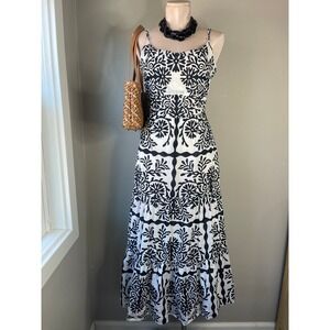 C&C California Maxi Dress Black White Cotton Tiered Medallion Print Pockets M